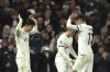 Tottenham's Son Heung-min, left, celebrates after scoring his side's fourth goal during the English Premier League soccer match between Tottenham Hotspur and Newcastle United, at the Tottenham Hotspur Stadium, London, England, Sunday, Dec.10, 2023. (AP Photo/Ian Walton)