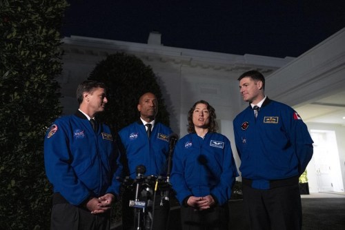 Artemis II crew members from left, Reid Wiseman, Victor Glover, Christina Hammock Koch, and Jeremy Hansen speak to members of the media outside the West Wing of the White House in Washington, Thursday, Dec. 14, 2023, after meeting with President Joe Biden. (AP Photo/Andrew Harnik)