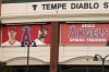 After the Los Angeles Dodgers signing of former Los Angeles Angels player Shohei Ohtani, left, his image still adorns the Angels' Tempe Diablo Stadium, sharing the prominent spot with pitcher Patrick Sandoval at the spring training home of the Angels, Monday, Dec. 11, 2023, in Tempe, Ariz. The Angels have already removed the Ohtani photo banner at the Angels regular season stadium. (AP Photo/Ross D. Franklin)