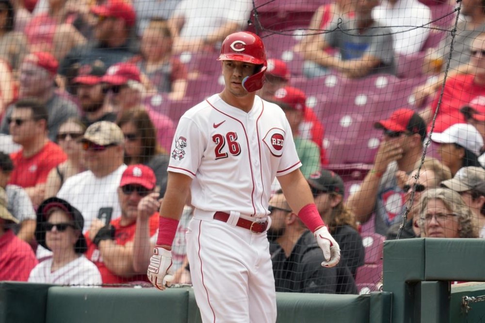 FILE - Cincinnati Reds' TJ Hopkins (26) plays during a baseball game against the Milwaukee Brewers in Cincinnati, Sunday, June 4, 2023. Outfielder TJ Hopkins was acquired by the San Francisco Giants from the Cincinnati Reds on Tuesday, Dec. 19, for a player to be named or cash.(AP Photo/Jeff Dean, File)