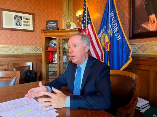Wisconsin Assembly Speaker Robin Vos speaks during an interview with The Associated Press at the state Capitol in Madison, Wis., on Wednesday, Dec. 20, 2023. Vos said he hopes to let voters decide in a ballot question whether to shorten the length of time pregnant women can legally seek abortions in the state. (AP Photo/Harm Venhuizen)