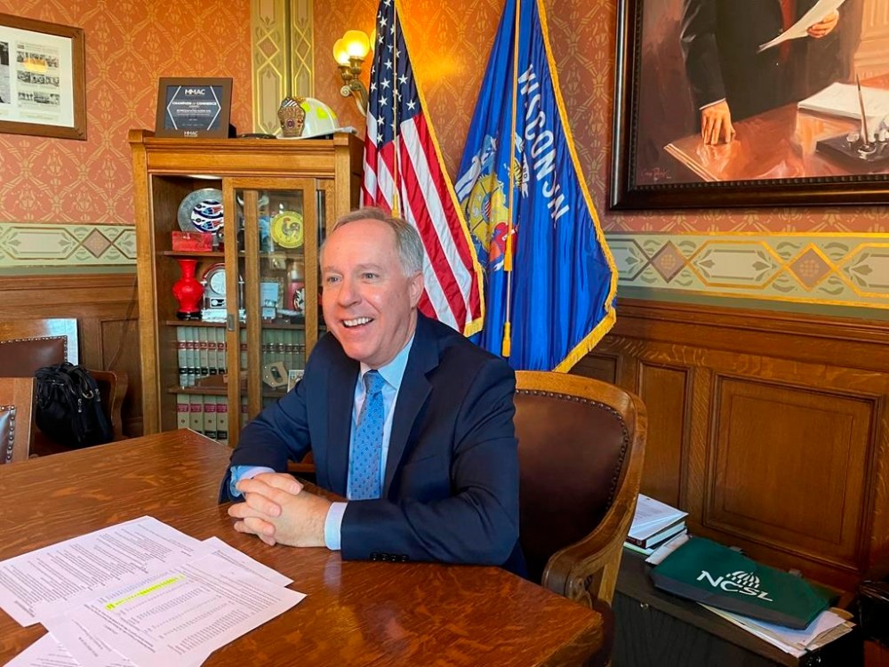 Wisconsin Assembly Speaker Robin Vos speaks during an interview with The Associated Press at the state Capitol in Madison, Wis., on Wednesday, Dec. 20, 2023. Vos said Republicans plan to introduce a bill in January to legalize medical marijuana in the state. (AP Photo/Harm Venhuizen)