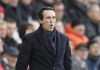 Aston Villa's head coach Unai Emery reacts during the English Premier League soccer match between Brentford and Aston Villa, at the Gtech Community Stadium in London, Sunday, Dec. 17, 2023. (AP Photo/Dave Shopland)
