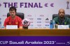Fluminense's coach Fernando Diniz, left, and Fluminense's Felipe Melo attend a press conference at the King Abdullah Sports City Stadium in Jeddah, Saudi Arabia, Thursday, Dec. 21, 2023. Manchester City will play against Fluminense during the final soccer match of the Club World Cup on Friday. (AP Photo/Manu Fernandez)