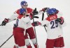Czechia's Tomas Cibulka (7) celebrates his goal over Canada with teammates during first period quarterfinal hockey action at the IIHF World Junior Hockey Championship in Gothenburg, Sweden, Tuesday, Jan. 2, 2024. THE CANADIAN PRESS/Christinne Muschi