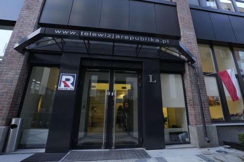The headquarters of the right-wing television broadcaster TV Republika in Warsaw, Poland, on Friday Jan. 5, 2023. Commentators who joked during the station's on air programming that migrants should be sent to Auschwitz or be tattooed or microchipped like dogs have prompted widespread outrage, including an investigation by prosecutors and companies pulling ads from the broadcaster. (AP Photo/Czarek Sokolowski)