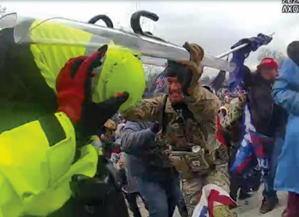 An image from video of a body camera worn by a police officer during the U.S. Capitol riot. (Department of Justice via The Associated Press)