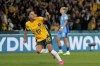 FILE - Australia's Sam Kerr celebrates after scoring her side's first goal during the Women's World Cup semifinal soccer match between Australia and England at Stadium Australia in Sydney, Australia, on Aug. 16, 2023. Kerr has sustained an anterior cruciate ligament injury during a warm-weather training camp with Chelsea women’s team in Morocco.(AP Photo/Rick Rycroft, File)