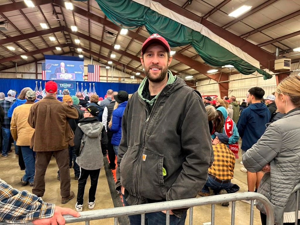 William Caspers, a 37-year-old farmer from Rockwell, Iowa, attends a rally for Donald Trump in Mason City, Iowa, on Friday, Jan. 5, 2024. Caspers says he's supporting Trump