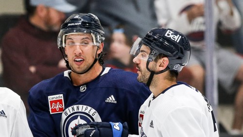 Winnipeg Jets' Mason Appleton (22), Brenden Dillon (5) and Dylan DeMelo (2) during day two of their NHL training camp in Winnipeg, Friday, September 22, 2023. THE CANADIAN PRESS/John Woods
