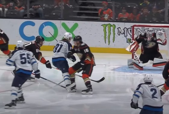 Kyle Connor was knocked out of Sunday’s game in Anaheim after Ducks forward Ryan Strome caught him with a knee-on-knee hit. (YouTube screenshot)