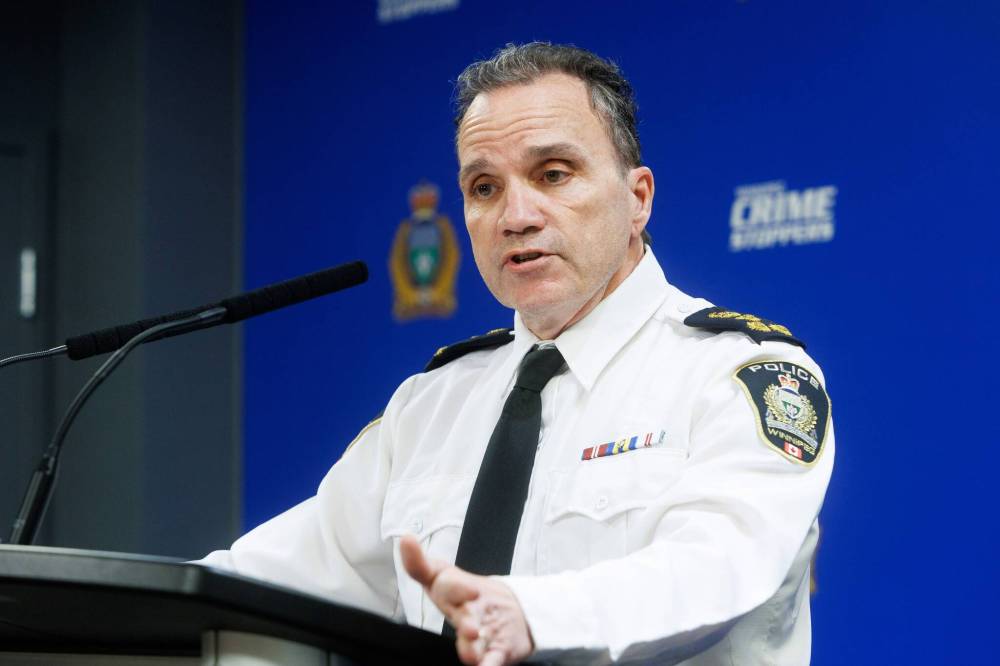 MIKE DEAL / WINNIPEG FREE PRESS
Winnipeg Police Chief Danny Smyth talks to the media about a police call that happened on Wednesday at the Winnipeg Child and Family Services Adoption Services at 222 Provencher Blvd, where police used an impact gun that fires rubber tipped foam projectiles while taking a person into custody.