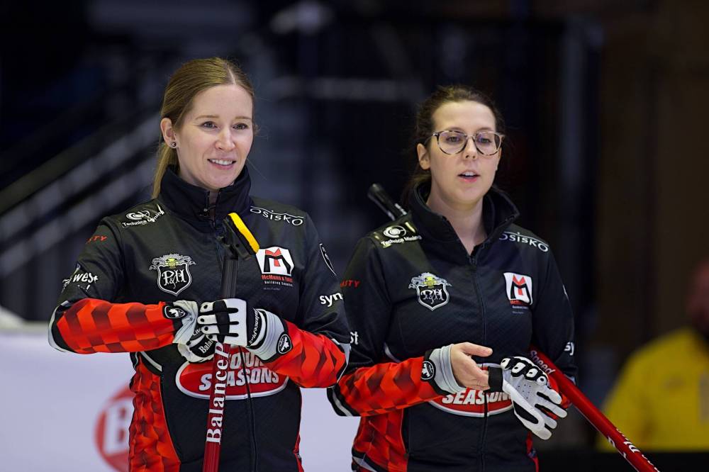 Anil Mungal / Grand Slam of Curling files
Kaitlyn Lawes (left) and teammate Selena Njegovan had children within a few months of each other last season and second Jocelyn Peterman gave birth in June.