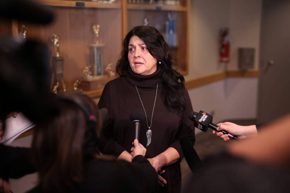 Adrienne Zurba speaks to journalists regarding the road safety strategy report on the intersection of the Trans Canada Highway and Highway 5 at Carberry. Zurba's mother, Claudia Zurba, was killed in the collision which took place at the intersection in June 2023. (Tim Smith / The Brandon Sun)