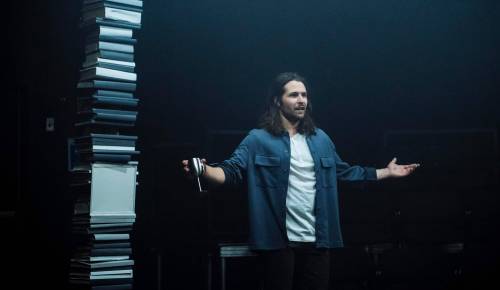 MARIE-ANDREE LEMIRE PHOTO
                                A stack of books is the only set dressing behind Étienne Thibeault, who plays Angel.