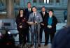 MIKE DEAL / WINNIPEG FREE PRESS
                                Flanked by NDP MLAs (from left) Nellie Kennedy (Assiniboia), Robert Loiselle (St. Boniface), Logan Oxenham (Kirkfield Park), and Billie Cross (Seine River), Manitoba NDP Caucus Chair Mike Moyes (Riel) announces he will file two formal complaints with the Manitoba Ethics Commissioner.