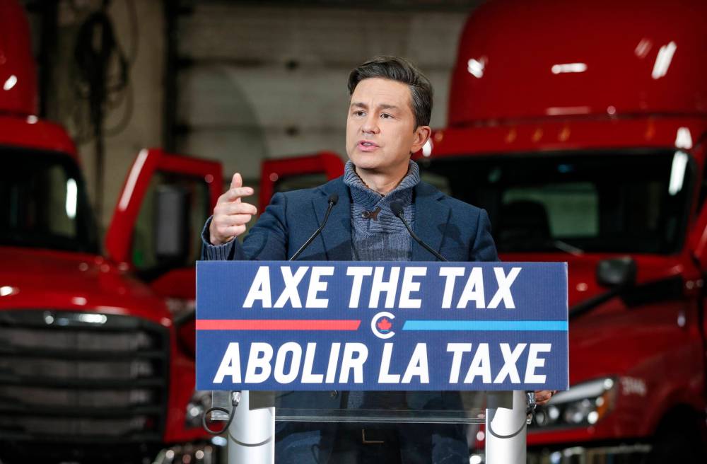 Pierre Poilievre, leader of the Conservative Party of Canada, holds a press conference at Gardewine Transport in Winnipeg Friday. (John Woods / The Canadian Press)