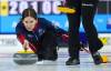 Team Wild Card 1 skip Kaitlyn Lawes delivers a rock while playing Prince Edward Island at the Scotties Tournament of Hearts, in Kamloops, B.C., on Thursday, February 23, 2023. THE CANADIAN PRESS/Darryl Dyck