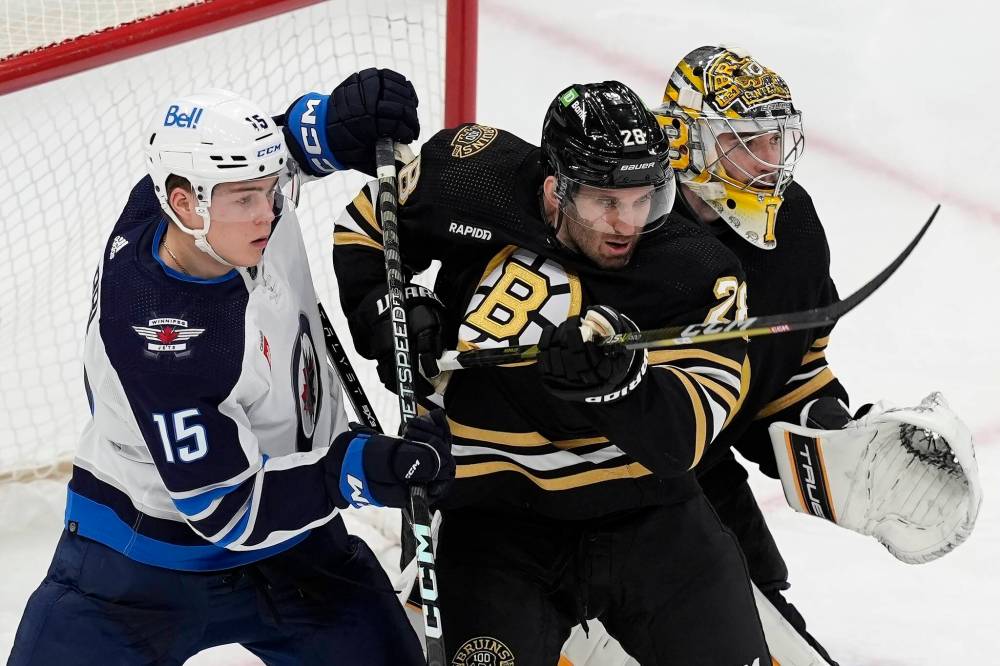 (AP Photo/Michael Dwyer)
Boston Bruins’ Derek Forbort battles for position against Winnipeg Jets’ Rasmus Kupari in front of Jeremy Swayman during the third period.