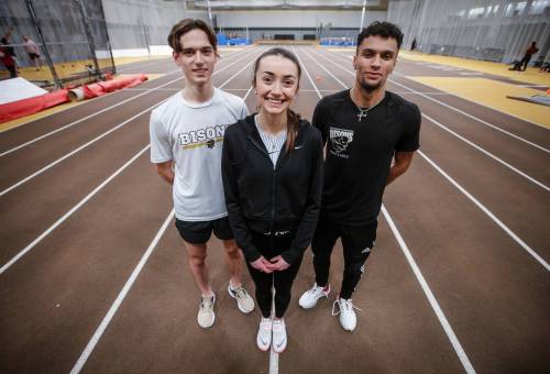 JOHN WOODS / WINNIPEG FREE PRESS
                                From left: Dawson Mann (600m track), left, Tyler Cox-Yestrau (300m track) and Lara Denbow (womens high-jump), who all qualified for the USports national championships this past Saturday, during training at the University of Manitoba on Tuesday.