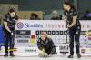 Connie Laliberte photo
                                Taylor McDonald (left) and Mackenzie Elias prepare to sweep as Meghan Walter throws a stone Wednesday in Morden.