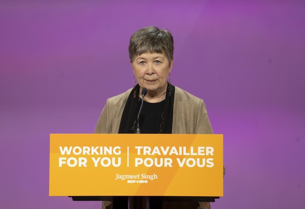 NDP national director Anne McGrath speaks at the NDP convention in Hamilton, Ont. Friday, Oct.13, 2023. The federal New Democrats are awaiting final end-of-year fundraising totals before they can celebrate paying off their debt from the last federal election when it won 25 seats.THE CANADIAN PRESS/Peter Power