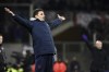 Bologna's coach Thiago Motta protests during the Italian Cup soccer match between Fiorentina and Bologna at the Artemio Franchi Stadium in Florence, Italy, Tuesday, Jan. 9, 2024. (Massimo Paolone/LaPresse via AP)