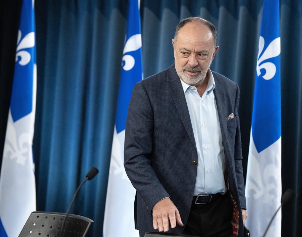 Quebec health authorities and stakeholders will provide an update to overcrowding in the province's emergency rooms. Quebec's Health Minister Christian Dubé arrives to update the vaccination and emergency room situation during a press briefing in Montreal, Tuesday, Dec. 19, 2023. THE CANADIAN PRESS/Ryan Remiorz