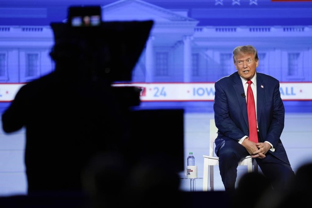 Republican presidential candidate former President Donald Trump speaks during a Fox News Channel town hall in Des Moines, Iowa, Wednesday, Jan. 10, 2024. (AP Photo/Carolyn Kaster)