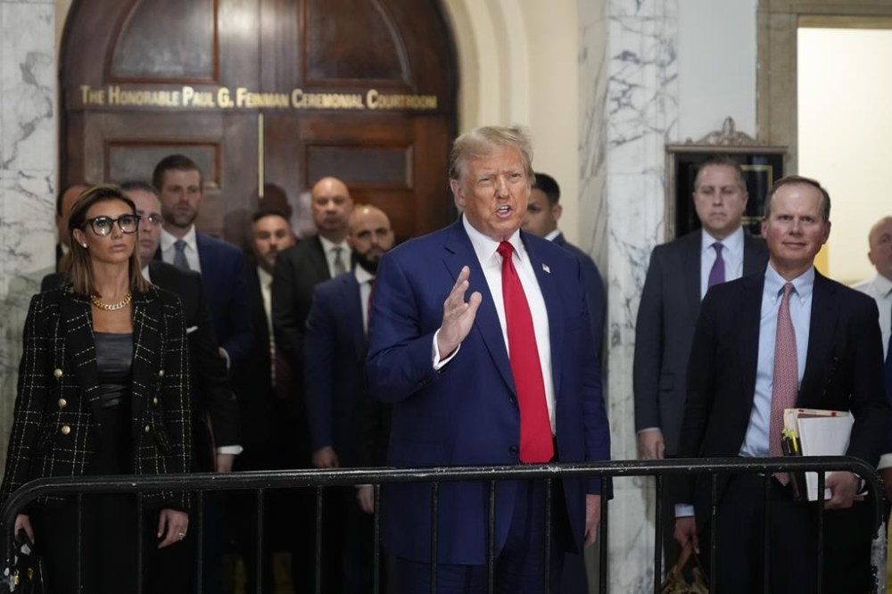 Former President Donald Trump speaks after his defense team finished presenting closing arguments at New York Supreme Court, Thursday, Jan. 11, 2024, in New York. (AP Photo/Seth Wenig)