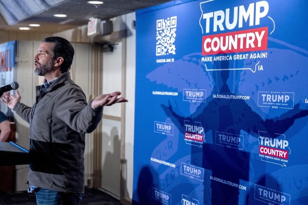 Donald Trump, Jr. speaks at the Machine Shed in Urbandale, Iowa, Thursday, Jan. 11, 2024. (AP Photo/Andrew Harnik)