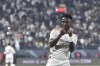 Real Madrid's Vinicius Junior celebrates after scoring a goal during the Spanish Super Cup final soccer match between Real Madrid and Barcelona at Al-Awwal Park Stadium in Riyadh, Saudi Arabia, Sunday, Jan. 14, 2024. (AP Photo)