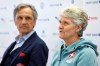 Pia Sundhage, new head coach of the Swiss women's soccer national team, speaks beside Dominique Blanc, President of the Swiss football federation SFV, during a press conference in Bern, Switzerland, Tuesday, Jan. 16, 2024. (Peter Klaunzer/Keystone via AP)
