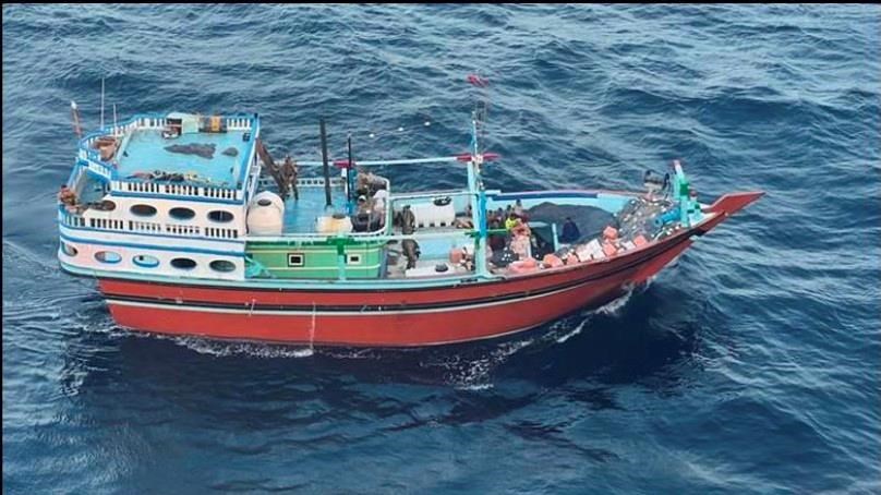 This undated photograph released by the U.S. military's Central Command shows what it is described as the vessel that carried Iranian-made missile components bound for Yemen's Houthi in the Arabian Sea. U.S. Navy SEALs seized Iranian-made missile parts and other weaponry from a ship bound for Yemen's Houthi rebels in a raid that saw two of its commandos go missing, the U.S. military said Tuesday, Jan. 16, 2024. (U.S. Central Command via AP)