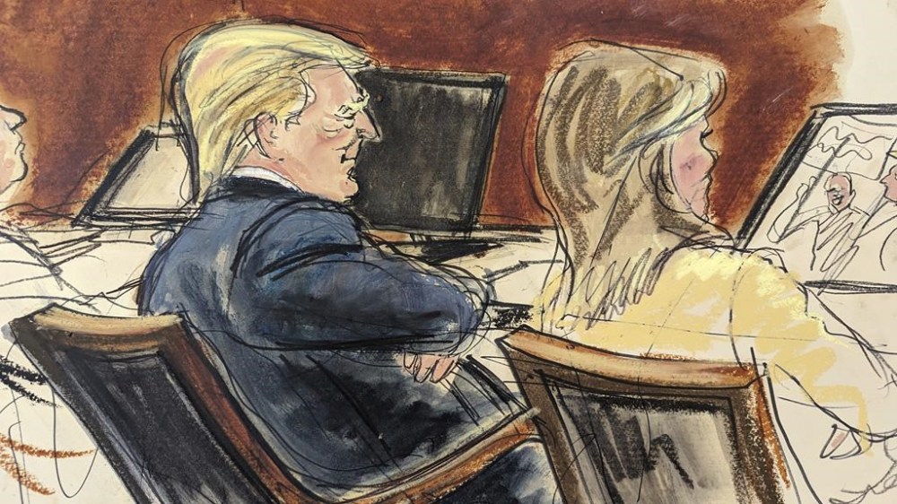 In this courtroom sketch, Donald Trump sits with arms folded beside his attorney, Alina Habba in Federal Court, in New York, Wednesday, Jan. 17, 2024. Trump was threatened with expulsion from his Manhattan civil trial Wednesday after he repeatedly ignored a warning to keep quiet while writer E. Jean Carroll testified that he shattered her reputation after she accused him of sexual abuse. (AP Photo/Elizabeth Williams)