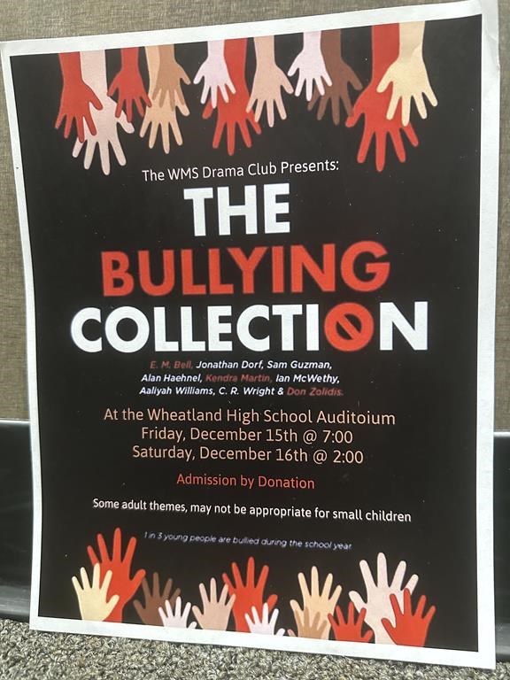 A poster advertising the originally scheduled dates for “The Bullying Collection” is pictured in Wheatland, Wyoming, on Wednesday, Jan. 10, 2024. School officials in Wheatland canceled the middle-school play in part because it mentioned a gay character. The play was nonetheless performed Friday, Jan. 12, 2024, under private sponsorship. (AP Photo/Mead Gruver)