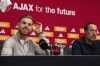 England midfielder Jordan Henderson, left, and Ajax trainer John van 't Schip are seen during a news conference in Amsterdam, Netherlands, Friday, Jan. 19, 2024. The lucrative Saudi soccer league lost one of its high-profile players when Henderson quit Al-Ettifaq to sign for struggling Dutch powerhouse Ajax. (AP Photo/Peter Dejong)