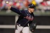 FILE - Atlanta Braves relief pitcher Collin McHugh (32) works during the third inning in Game 4 of baseball's National League Division Series against the Philadelphia Phillies Saturday, Oct. 15, 2022, in Philadelphia. McHugh, who pitched for Atlanta in the last two seasons of his 11-year major league career, announced his retirement on Monday, Jan. 22, 2024.(AP Photo/Matt Slocum, File)