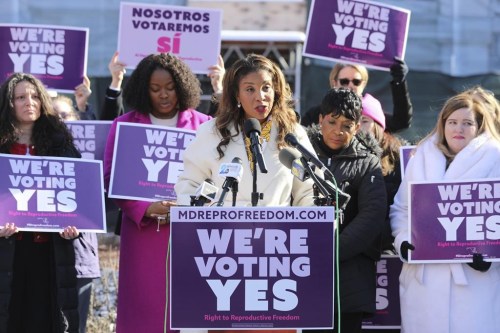 Maryland first lady Dawn Moore speaks in support of a constitutional amendment to enshrine the right to abortion in the Maryland Constitution during a news conference on Monday, Jan. 22, 2024 in Annapolis, Md., on the 51st anniversary of the Roe v. Wade decision. Members of the Freedom in Reproduction Maryland ballot committee announced a campaign to support the ballot question in November at a news conference in front of the Maryland State House. (AP Photo/Brian Witte)