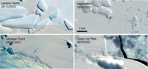 This combination of satellite images provided by the E.U.'s Copernicus program via the British Antarctic Survey in January 2024 shows four new emperor penguin colony sites in Antarctica. Scientists have spotted previously unknown colonies of emperor penguins in new satellite imagery. At least some emperor penguins are moving their colonies as melting ice from climate change threatens breeding grounds. The British Antarctic Survey said Wednesday, Jan. 24, 2024, that the four newly found colonies likely existed for many years, but scientists hadn’t previously spotted them. (Copernicus/British Antarctic Survey via AP)