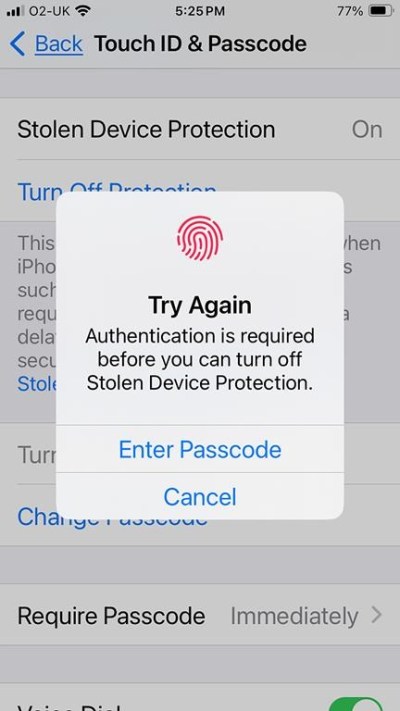 This screenshot shows the prompt requiring a fingerprint to turn off the Stolen Device Protection feature on iPhones. Apple rolled out an update to its iOS operating system this week that makes it a lot harder for phone thieves to access key functions and settings. (AP Photo)