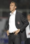 FILE - Then head coach of Nice and current coach of Brest, Eric Roy, reacts during the French League One soccer match Nice against Lyon, Saturday, Aug. 6, in Nice stadium, southeastern France. With Paris Saint-Germain seemingly cruising to another French league title, the unexpected rise of Brest has been this season's success story. Brest is nine points behind PSG in third place and its realistic goal is qualifying for the Champions League for the first time. It would be a truly remarkable achievement for such a small club, which is located in a quaint port city in Brittany.(AP Photo/Lionel Cironneau, File)
