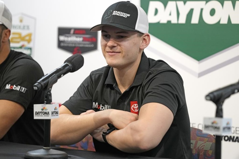 Corey Heim, of the Smooge auto racing team, speaks at a press conference at Daytona International Speedway, Thursday, Jan. 25, 2024, in Daytona Beach, Fla. (AP Photo/John Raoux)