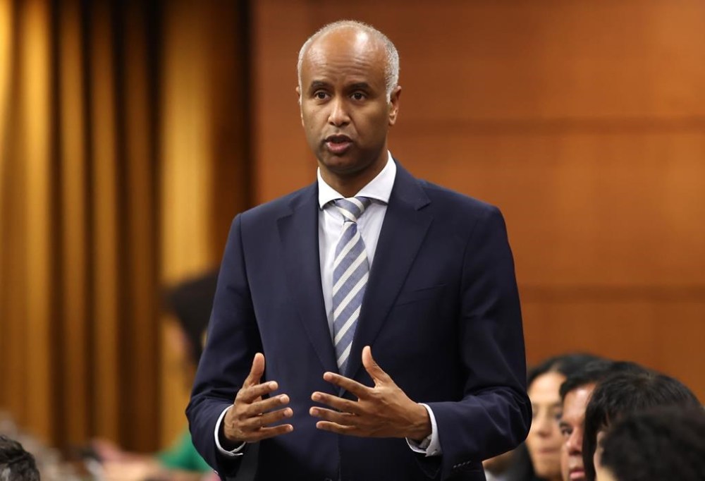 International Development Minister Ahmed Hussen rises during Question Period in the House of Commons on Parliament Hill in Ottawa, Monday, Oct. 16, 2023. Canada is following the U.S. in suspending funding for the United Nations agency that supports Palestinians over allegations some of the agency's staff played a role in the brutal attack Hamas committed in Israel last fall. THE CANADIAN PRESS/ Patrick Doyle