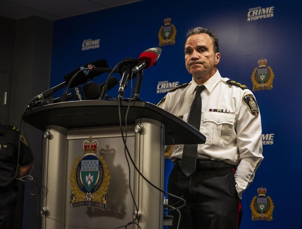 Winnipeg Police Service Chief Danny Smyth speaks during a press conference in Winnipeg on Monday, November 27, 2023. Smyth says a man who was restrained by officers during a call to an apartment building on Friday night has died, and that the matter is now being investigated by the province's police watchdog. THE CANADIAN PRESS/Aaron Vincent Elkaim