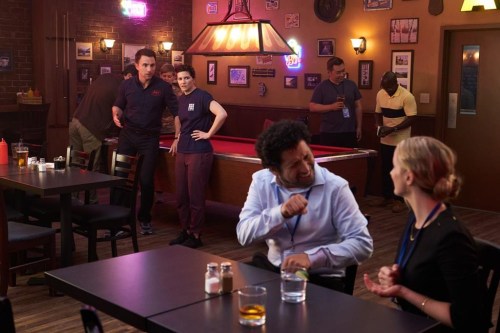 DJ (D.J. Demers) (left) and Jen (Elise Bauman) watch Marie (Miranda Millar) (right) with colleague Juan Jaramillo in a scene from 