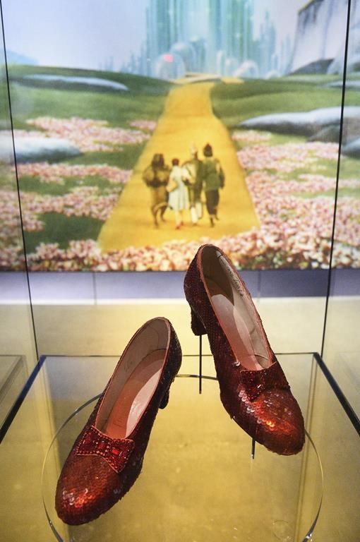 FILE - A pair of ruby slippers worn by Judy Garland in