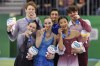 Gold medallists Annika Behnke and Kole Sauve of Canada, silver medallists Cayla Smith and Jared McPike of the U.S., bronze medallists Carolina Shan Campillo and Pau Vilella of Spain pose on the podium after the medal ceremony for the Figure Skating Pair Skating — Free Skating at the Gangneung Ice Arena during the Winter Youth Olympic Games in Gangneung, Gangwon Province, South Korea Monday, Jan. 29, 2024. Behnke and Sauve will be Canada's flag-bearers for the closing ceremonies at the Games. THE CANADIAN PRESS/AP-Chloe Knott/OIS via AP