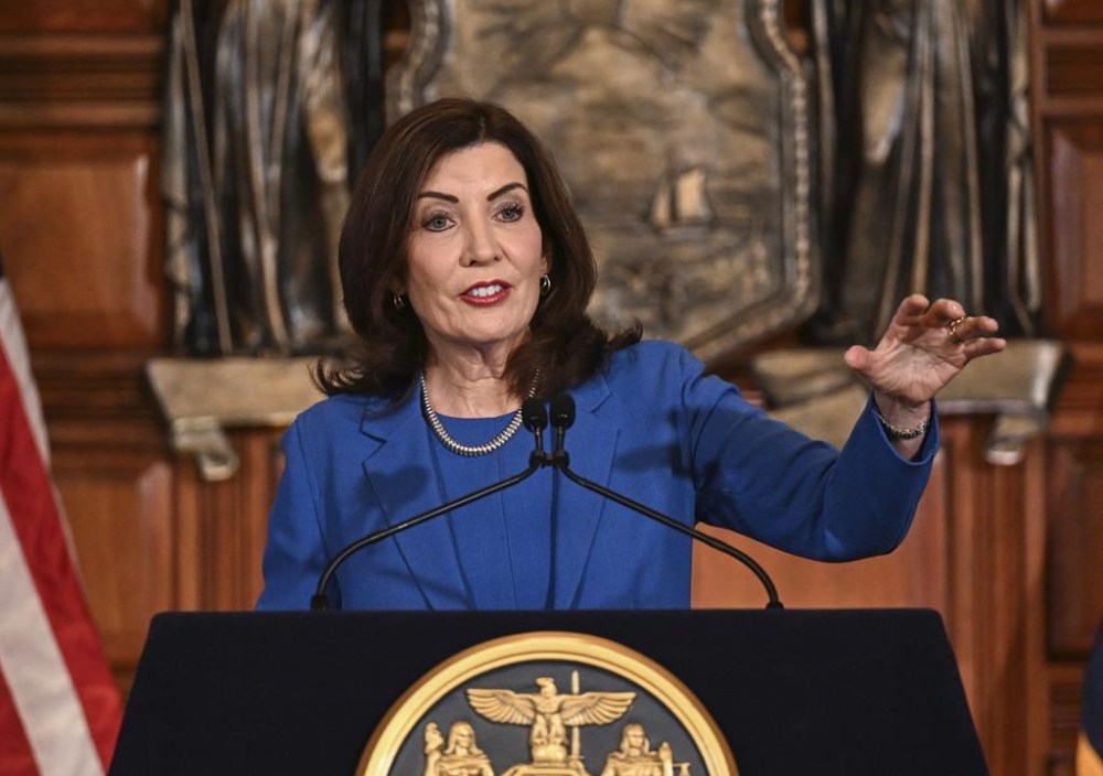 FILE - New York Gov. Kathy Hochul presents her 2025 executive state budget in the Red Room at the state Capitol Tuesday, Jan. 16, 2024, in Albany, N.Y. Hochul nominated Steven G. James, a former New York State Police deputy superintendent, as the top leader of the police force on Wednesday, which would make him the third Black person to hold the agency's highest rank (AP Photo/Hans Pennink, File)