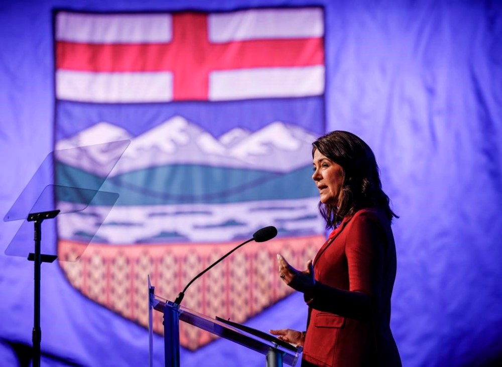 Alberta Premier Danielle Smith speaks to party faithful at the United Conservative Party annual general meeting in Calgary, Saturday, Nov. 4, 2023. Alberta Premier Danielle Smith has posted a video to X, the platform formerly known as Twitter, announcing several new policies and guidelines dealing with gender and sexuality. THE CANADIAN PRESS/Jeff McIntosh